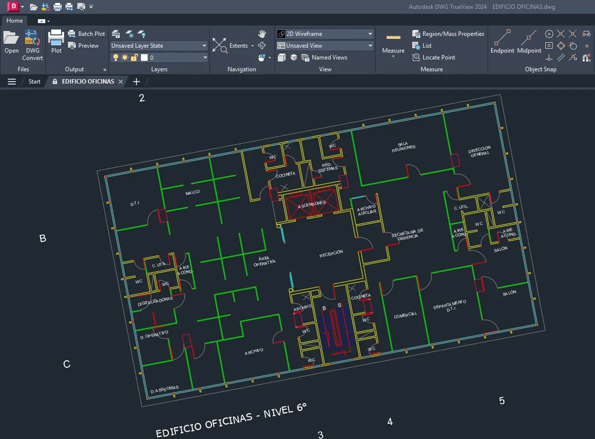A floor plan sitting at an angle in the DWG TrueView viewport