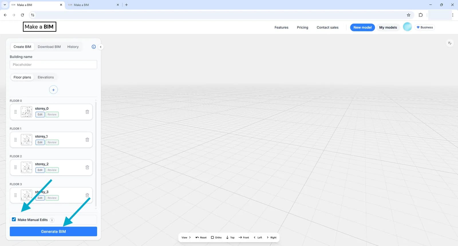 The Make Manual Edits checkbox ticked above the Generate BIM button at the bottom of the left panel