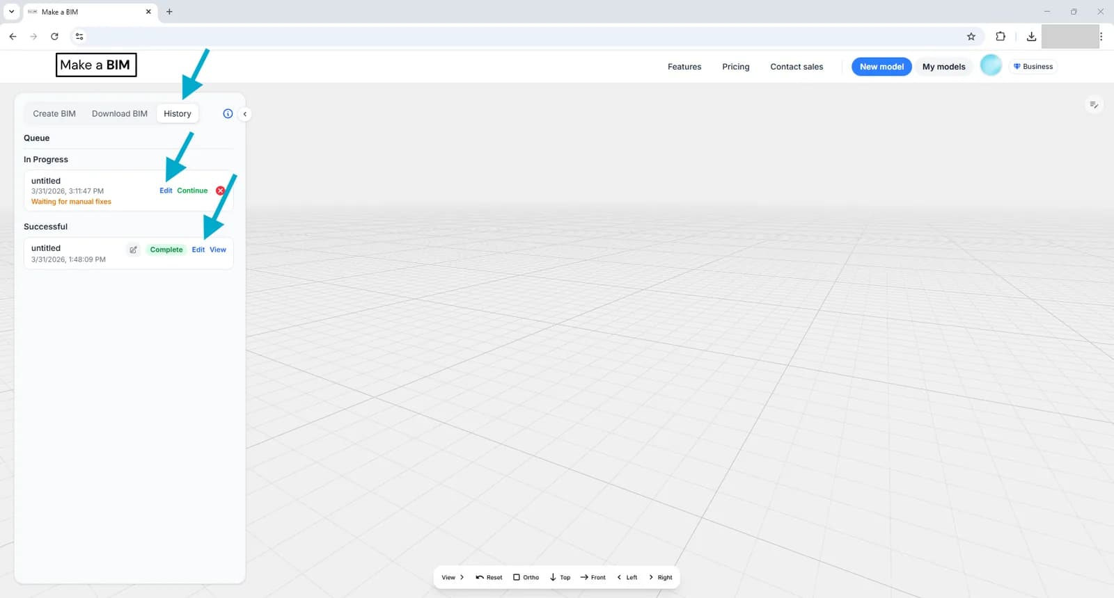 The History tab showing a model waiting for manual fixes with Edit and Continue links, and a completed model below