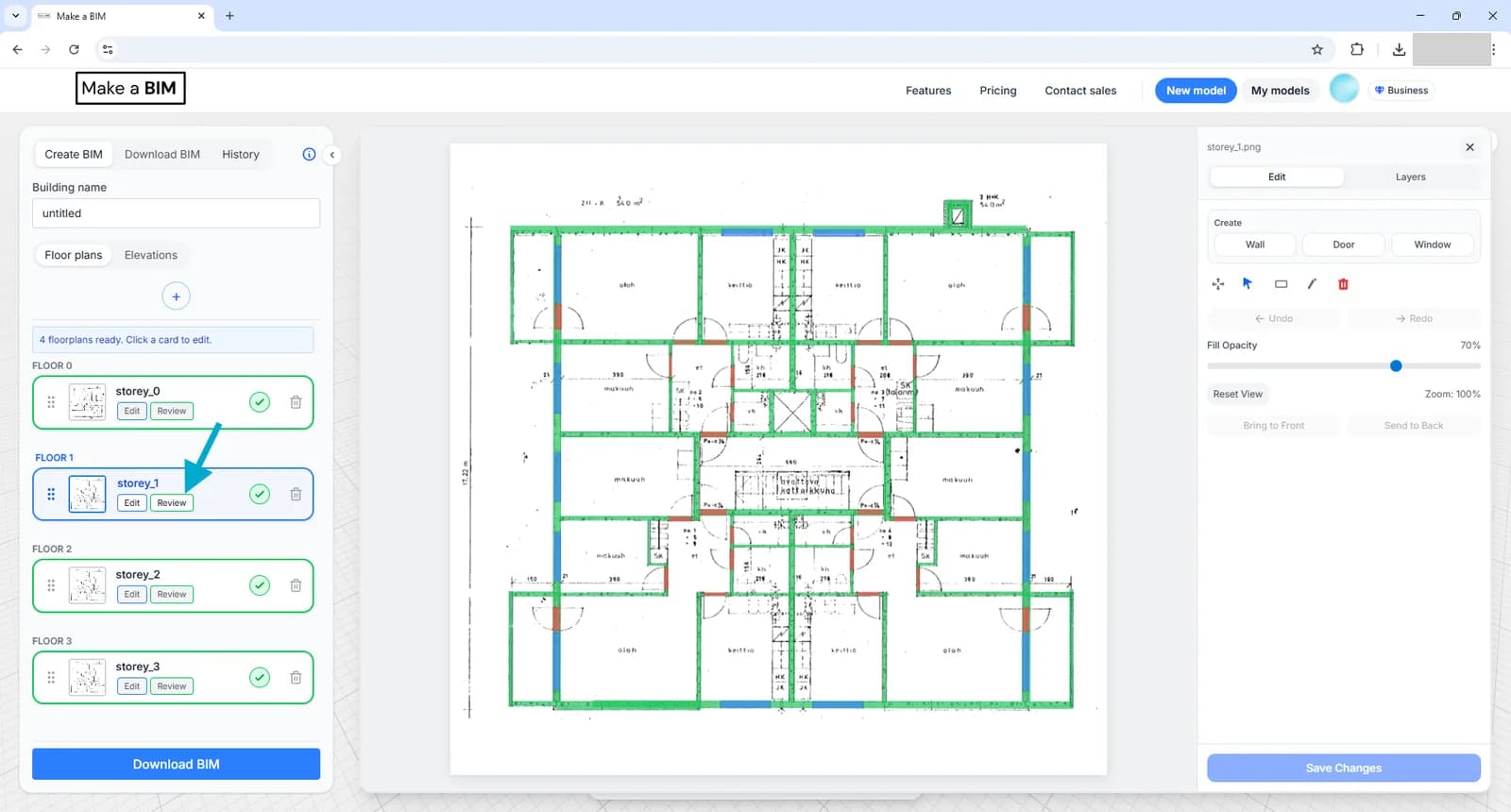 A floor plan with detected walls shown in green, windows in blue and doors in orange over the original drawing