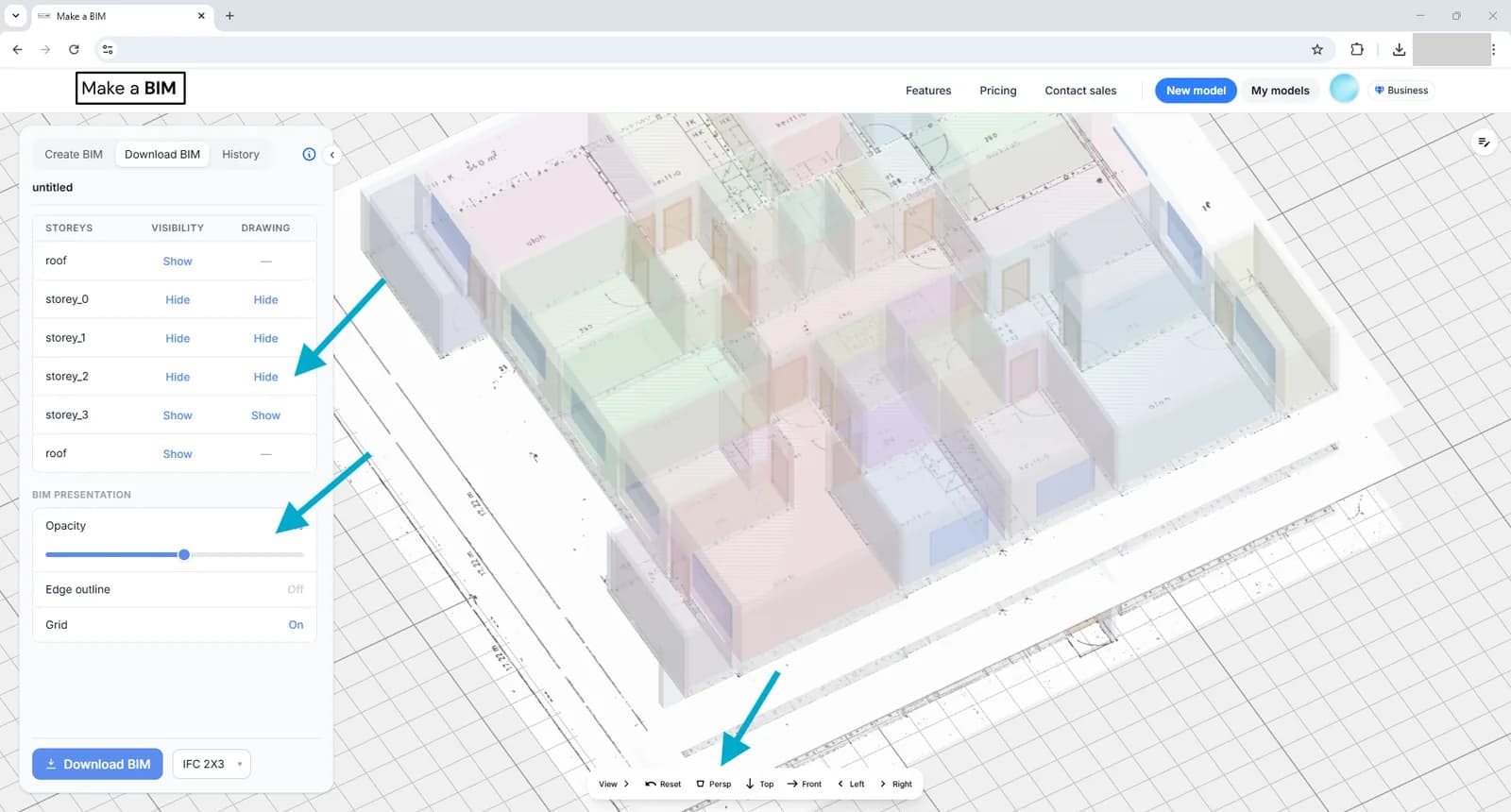 A translucent 3D model overlaid on its floor plan drawings, with the opacity slider lowered in the left panel